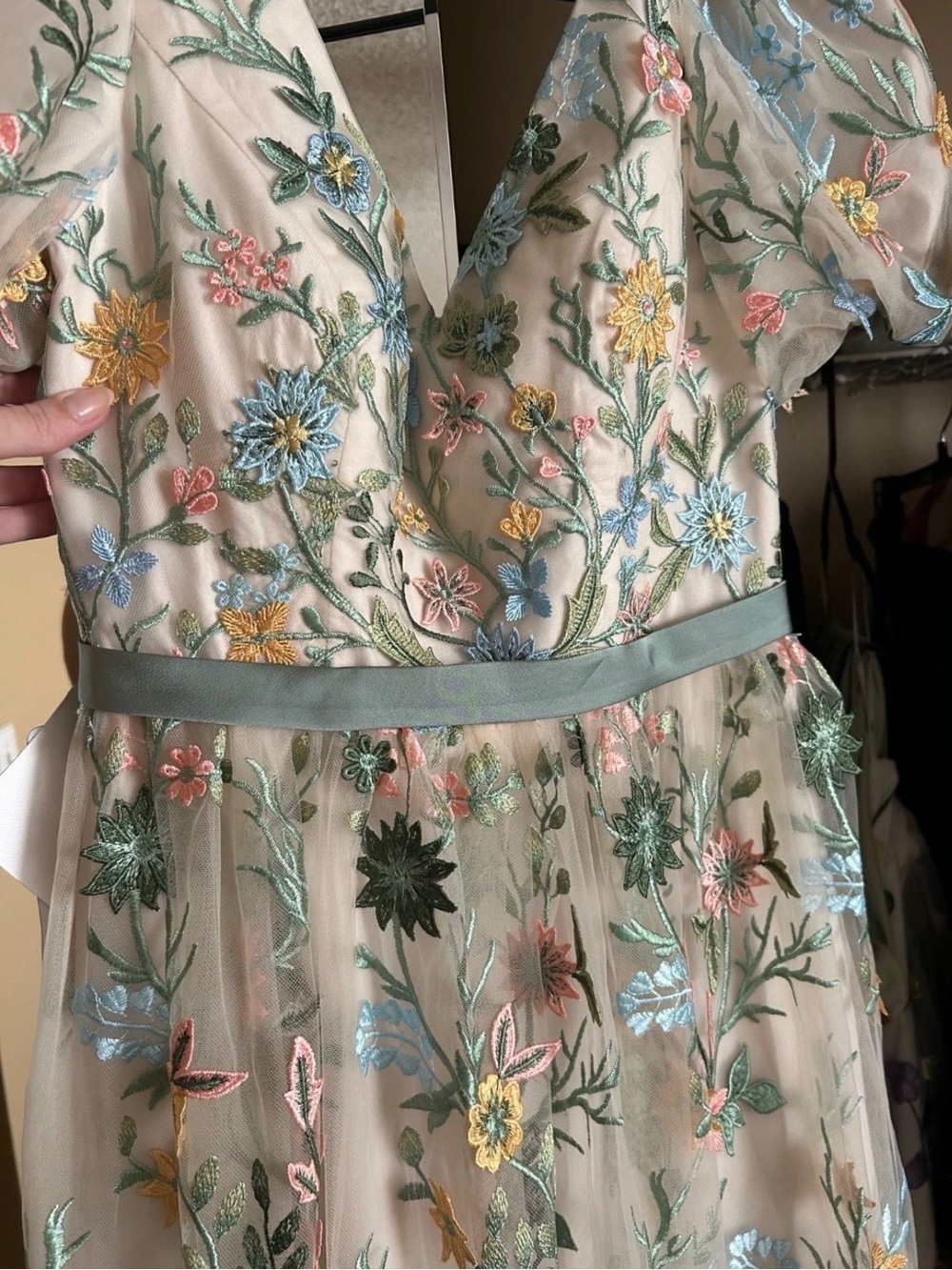 Azazie Champagne Floral Maxi Dress with Green Sash - Picture 3 of 10